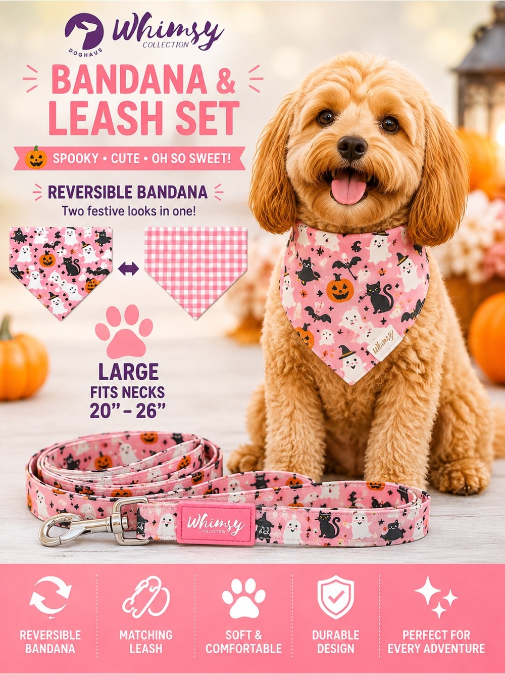Whimsy Reversible Pink Halloween Bandana & Leash Set for Dogs - Large